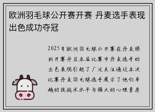 欧洲羽毛球公开赛开赛 丹麦选手表现出色成功夺冠