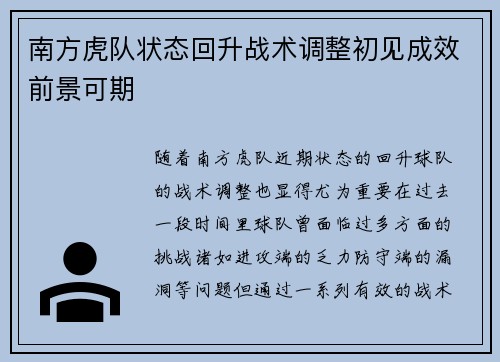 南方虎队状态回升战术调整初见成效前景可期