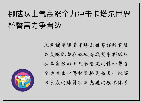 挪威队士气高涨全力冲击卡塔尔世界杯誓言力争晋级