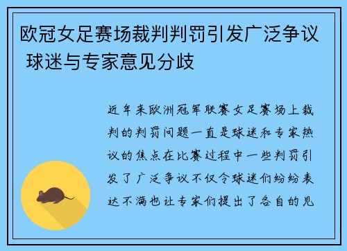 欧冠女足赛场裁判判罚引发广泛争议 球迷与专家意见分歧