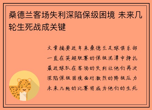 桑德兰客场失利深陷保级困境 未来几轮生死战成关键