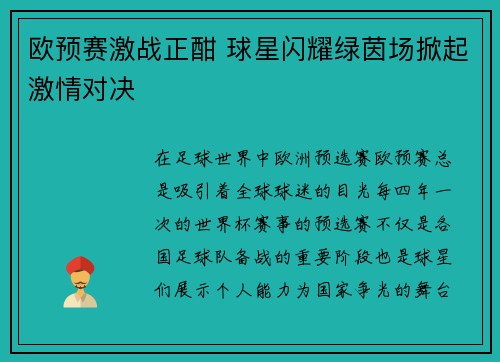 欧预赛激战正酣 球星闪耀绿茵场掀起激情对决