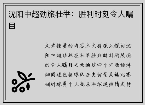 沈阳中超劲旅壮举：胜利时刻令人瞩目