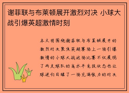 谢菲联与布莱顿展开激烈对决 小球大战引爆英超激情时刻