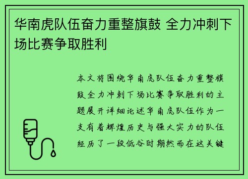 华南虎队伍奋力重整旗鼓 全力冲刺下场比赛争取胜利