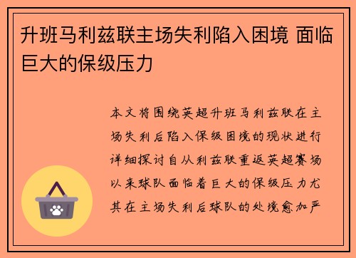 升班马利兹联主场失利陷入困境 面临巨大的保级压力
