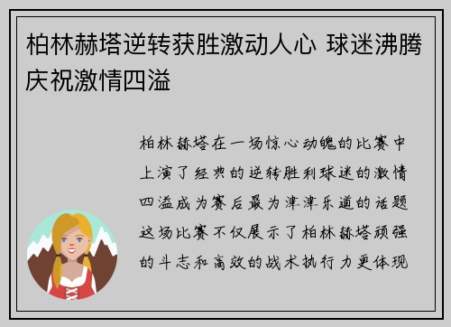 柏林赫塔逆转获胜激动人心 球迷沸腾庆祝激情四溢
